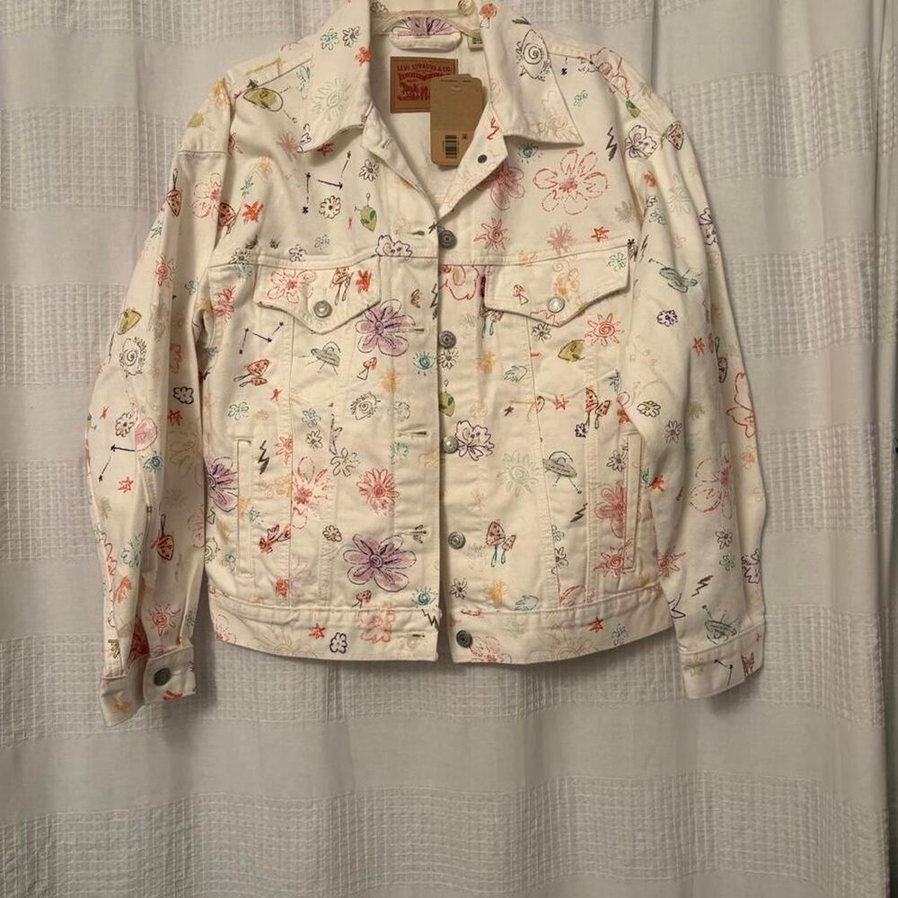 NWT Levi's white denim jacket multicolored floral doodle abstract S Retail $98